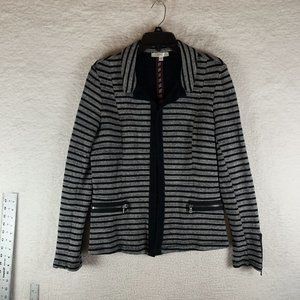 Drew Cardigan Sweater Blazer Womens Large Gray Black Striped Zipper Pockets 8540